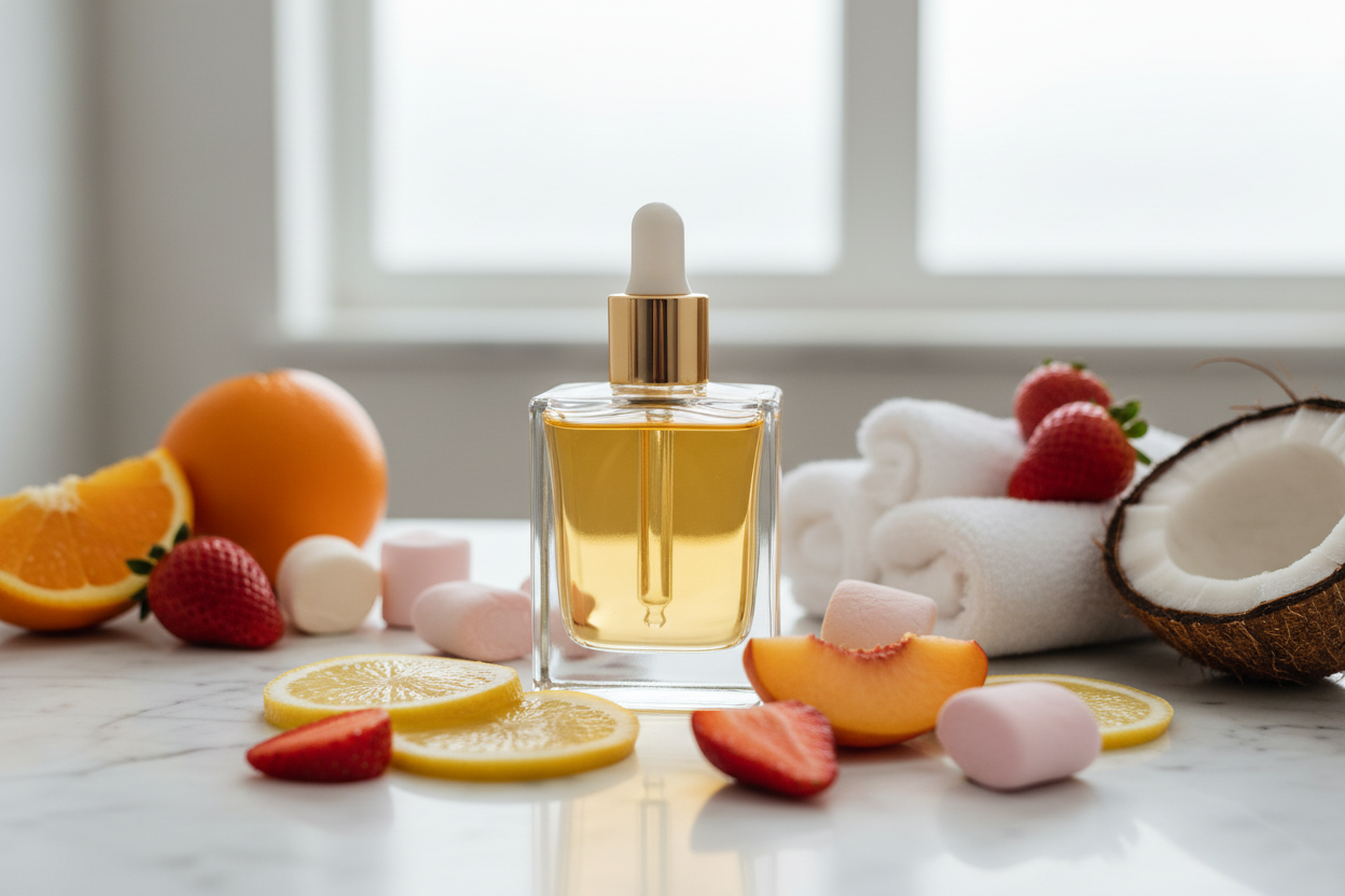 Create a image of a glass 3.4 oz square perfume bottle with a gold dropper top with a white rubber top on top of the bottle that is filled with oil that is sitting on white marble bathroom sink top with slices of Lemons, Strawberries, and Nectarine slices
and Pink Marshmallows and Strawberries, Oranges, and a Coconut sitting beside a stack of white towels