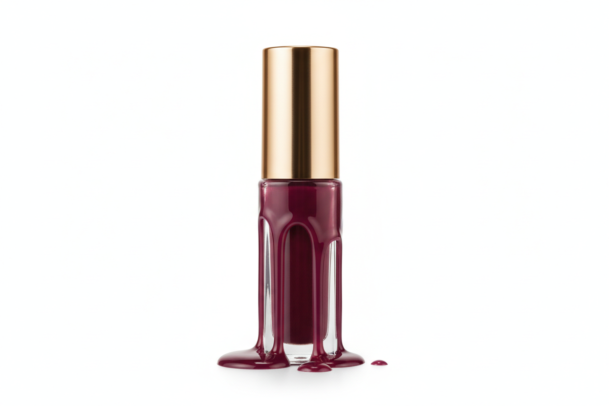 Hi can you create a glass lip gloss holder with a Gold metalic top filled with a wild wine berry colored lip gloss spilling down over the bottle