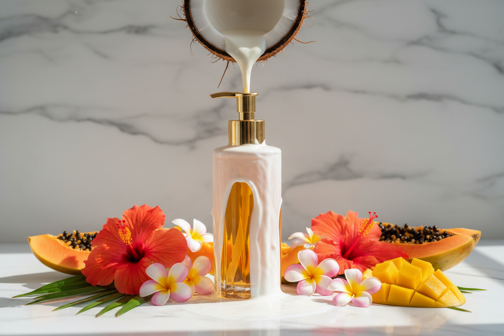 can you create a glass bottle of body oil with a gold pump top filled with body oil and a coconut pouring coconut milk down over the bottle sitting on the white marble bathroom sink top surrounded by tropical flowers  tropical fruits setting a fresh and invigorating tone