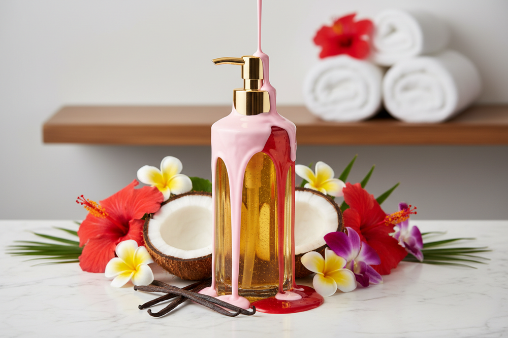 Can you create a image of a glass bottle with gold pump top that is filled with body oil and has  pink marshmallow and  juicy strawberry syrup pouring over top of the bottle and vanilla beans  and Coconuts  and floral tropical flowers laying on a white marble bathroom sink stacked by white bath towels 