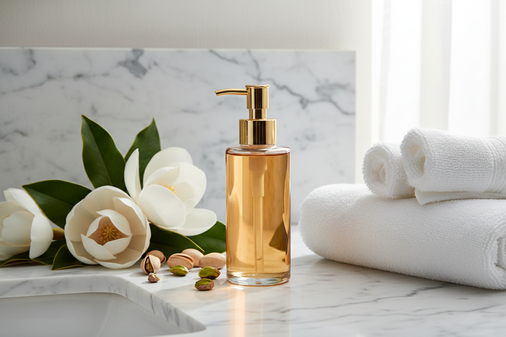 create a clear glass bottle filled with oil with a gold pump top sitting a white marble bathroom sink with magnolia's and pistachios laying beside a stack of white bathroom towels 