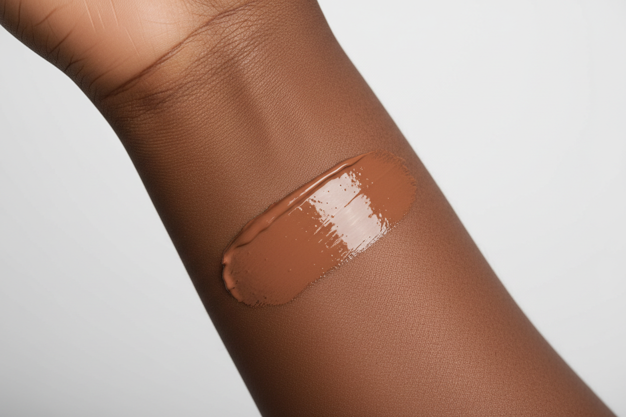 create a image of a dark skin girl showing a swatch of iip gloss that is a light creamy chocolate lip gloss swatch on her inner forearm sort of a not dark chocolate but more like a kitkat bar color of a chocolate 