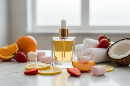 Create a image of a glass 3.4 oz square perfume bottle with a gold dropper top with a white rubber top on top of the bottle that is filled with oil that is sitting on white marble bathroom sink top with slices of Lemons, Strawberries, and Nectarine slices  
and Pink Marshmallows and  Strawberries, Oranges, and a Coconut sitting beside a stack of white towels 