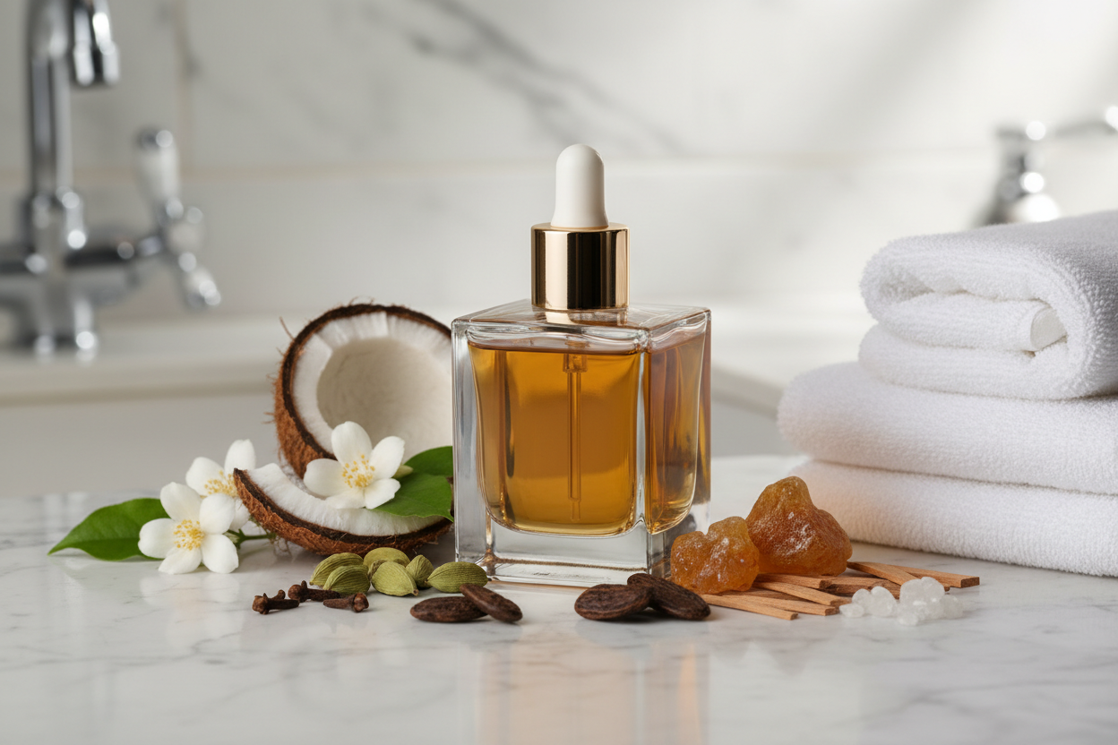 create a image of a glass square perfume bottle with perfume in it with a gold dropper top with a white rubber top sitting on a white marble bathroom sink sitting next to a a stack of white towels with sprinkles of Coconut Husk and Jasmine flower laying on the sink top , and  spicy Clove and Cardamom, and Tonka Beans and  Ambe and Sandalwood, and Musk spinkles 