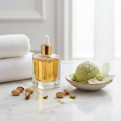 Create a image of a square 3.4 ounce glass perfume bottle filed with oil with a gold dropper top with a white rubber top to squeeze the oil from the botlle with a scoop of  creamy  pistachio Ice cream sitting next to the bottle with coconut flakes and , magnolia petals  sprinked over the icecream  and pistachio nuts next to a stack of white towels all sitting on top of the white marble bathroom sink counter top

