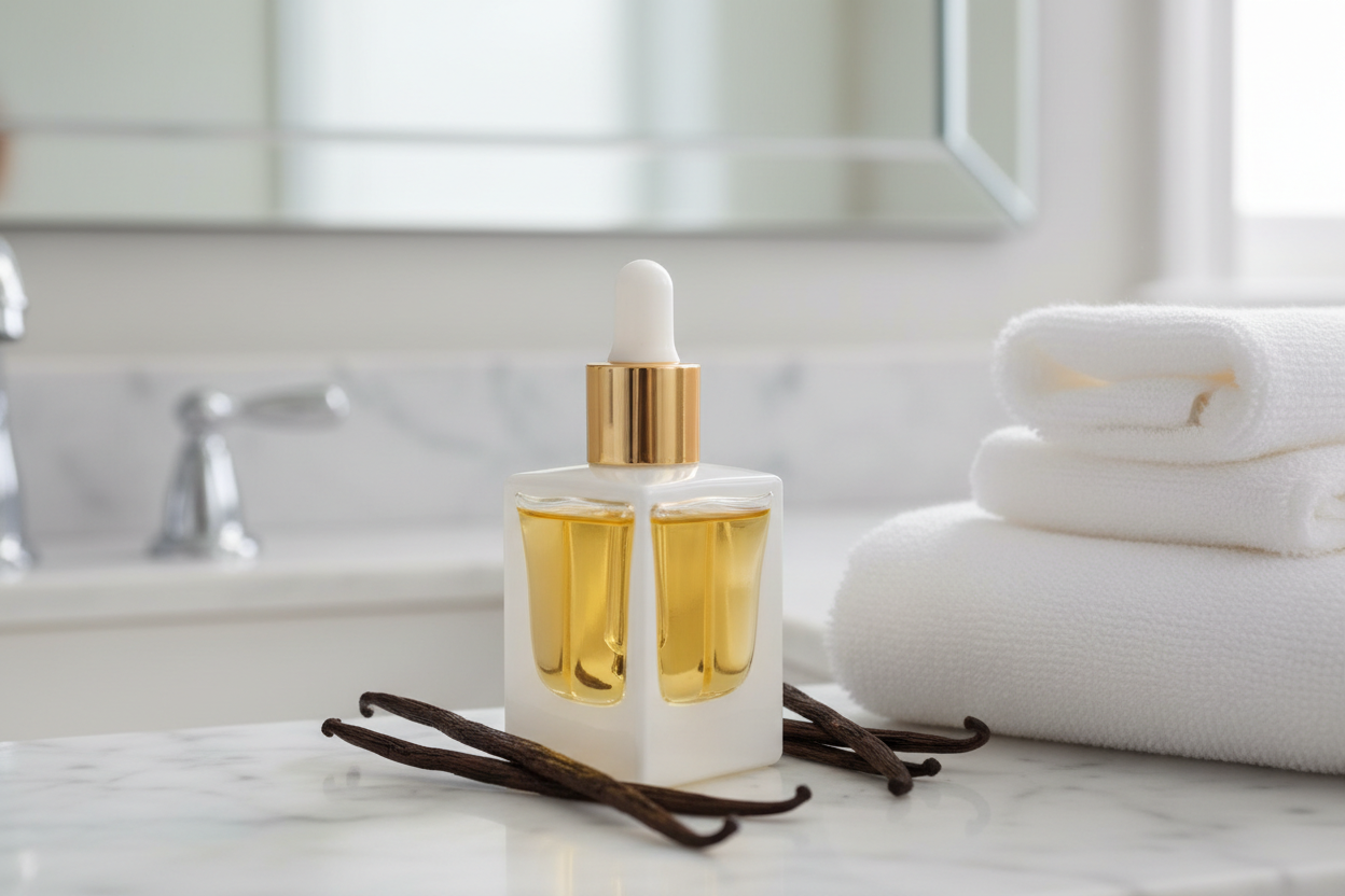 Create a image of a white square perfume bottle filled with oil with a gold dropper top with a white rubber dropper top sitting on a white marble bathroom sink with some vanilla beans sprinkled beside the bowel next to a stack of white towels 