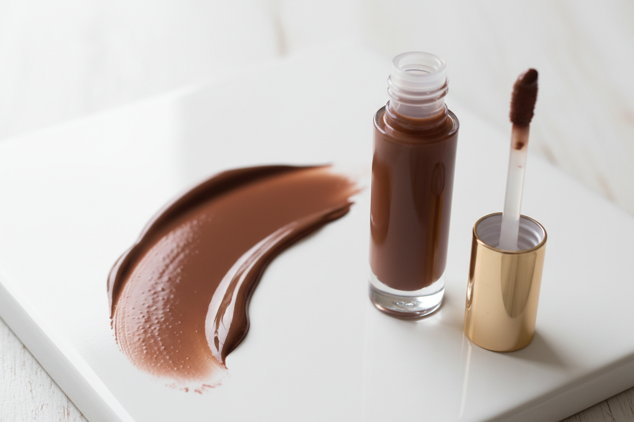 create a image of dark chocolate lip gloss swatch beside a lip gloss with brown lip gloss in tube with a gold top 