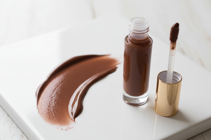 create a image of dark chocolate lip gloss swatch beside a lip gloss with brown lip gloss in tube with a gold top 