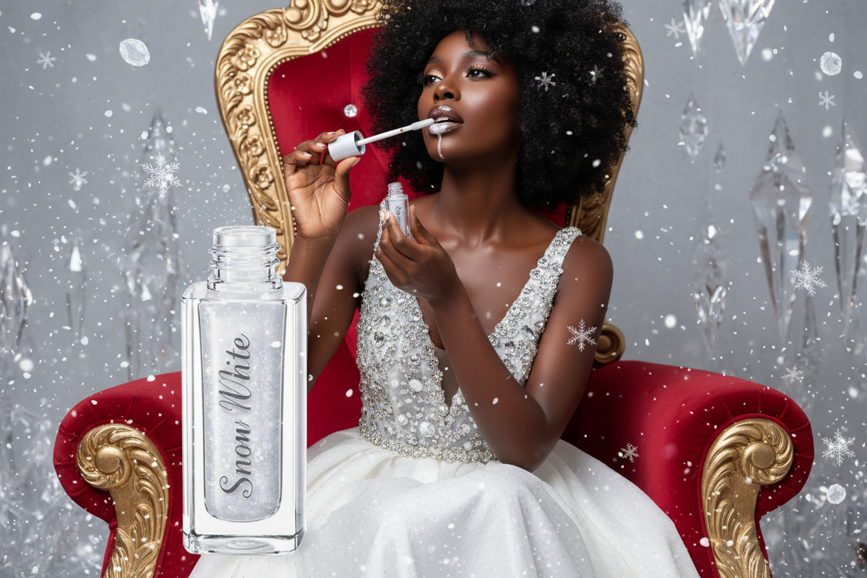 create a image of my lip gloss that is in a clear chuncky container with white mica glimmering in the bottle the resembles sparking snow , Snow White lip gloss and add some snow flakes and snow sparkles raining downover the lip gloss tube with a dark skin girl with a curly afro looking up at it in her hand pullng the applicator out of the bottle and rubbing the shiney white irrodesant lip gloss on her dark lips and she has on  white dress with diamonds on it. Sheis sitting on a red velvet chair made a queen