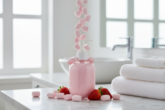 create a image of pink marshalls falling on top of a lotion bottle with white pump top sitting on a white and marble bathroom sink with strawberries laying beside the bottle and a stack of towels 