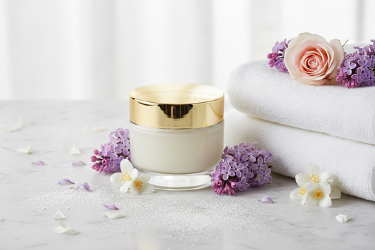 create a jar with gold lip that contains body butter on a bathroom white marble sink sitting beside a stack of white towels with pictures lilac flowers , jasmine flower, and one delicate  rose, with white powder all around it 