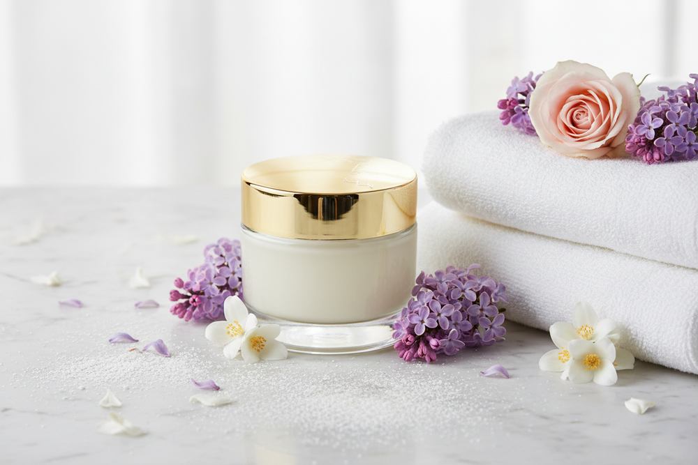 create a jar with gold lip that contains body butter on a bathroom white marble sink sitting beside a stack of white towels with pictures lilac flowers , jasmine flower, and one delicate  rose, with white powder all around it 