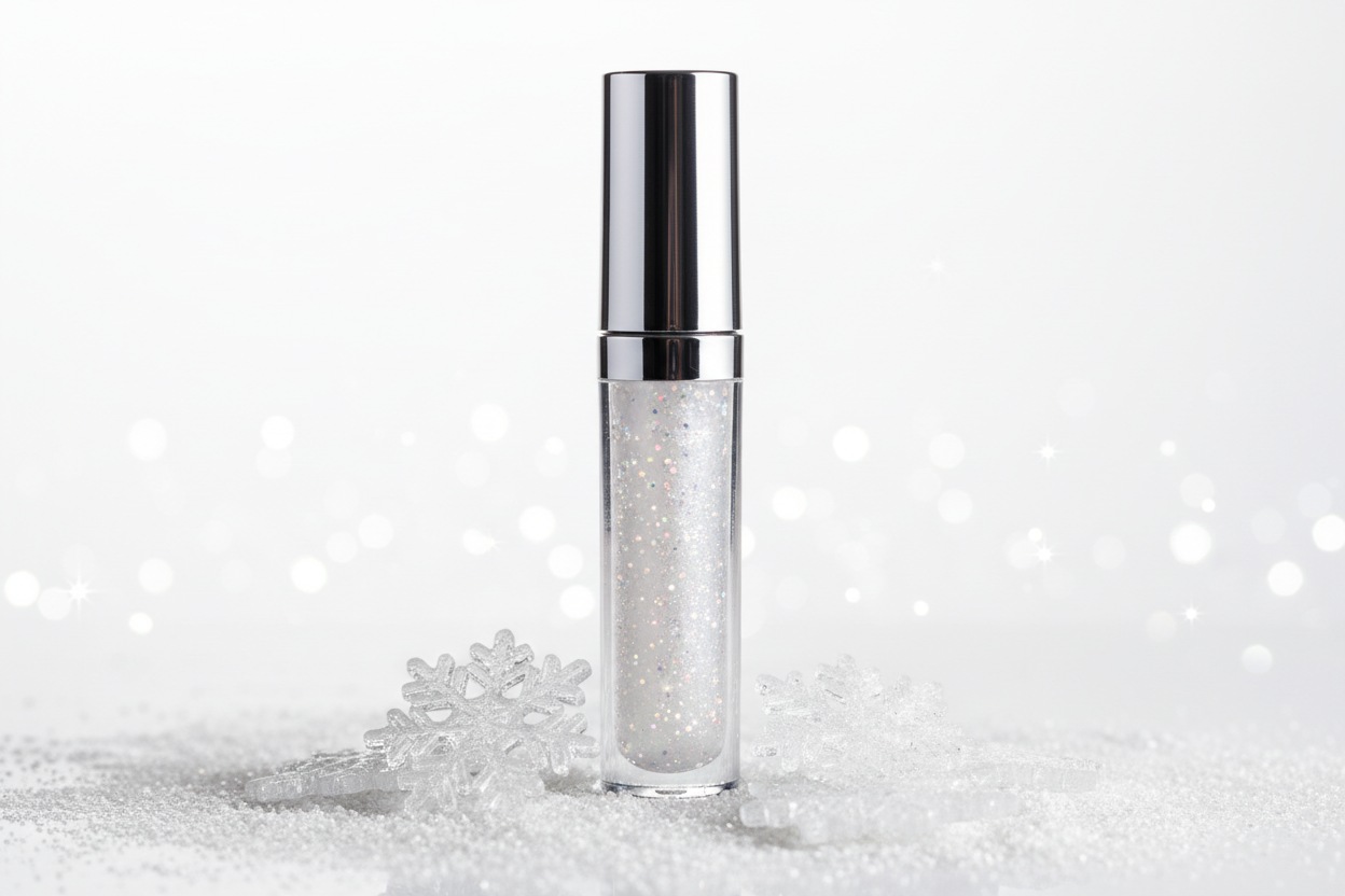 Create a picture of a glass lip gloss with a silver metalic top filled with clear white sparkly lip gloss inside with snow flakes or white glitter sitting around the container of lip gloss 