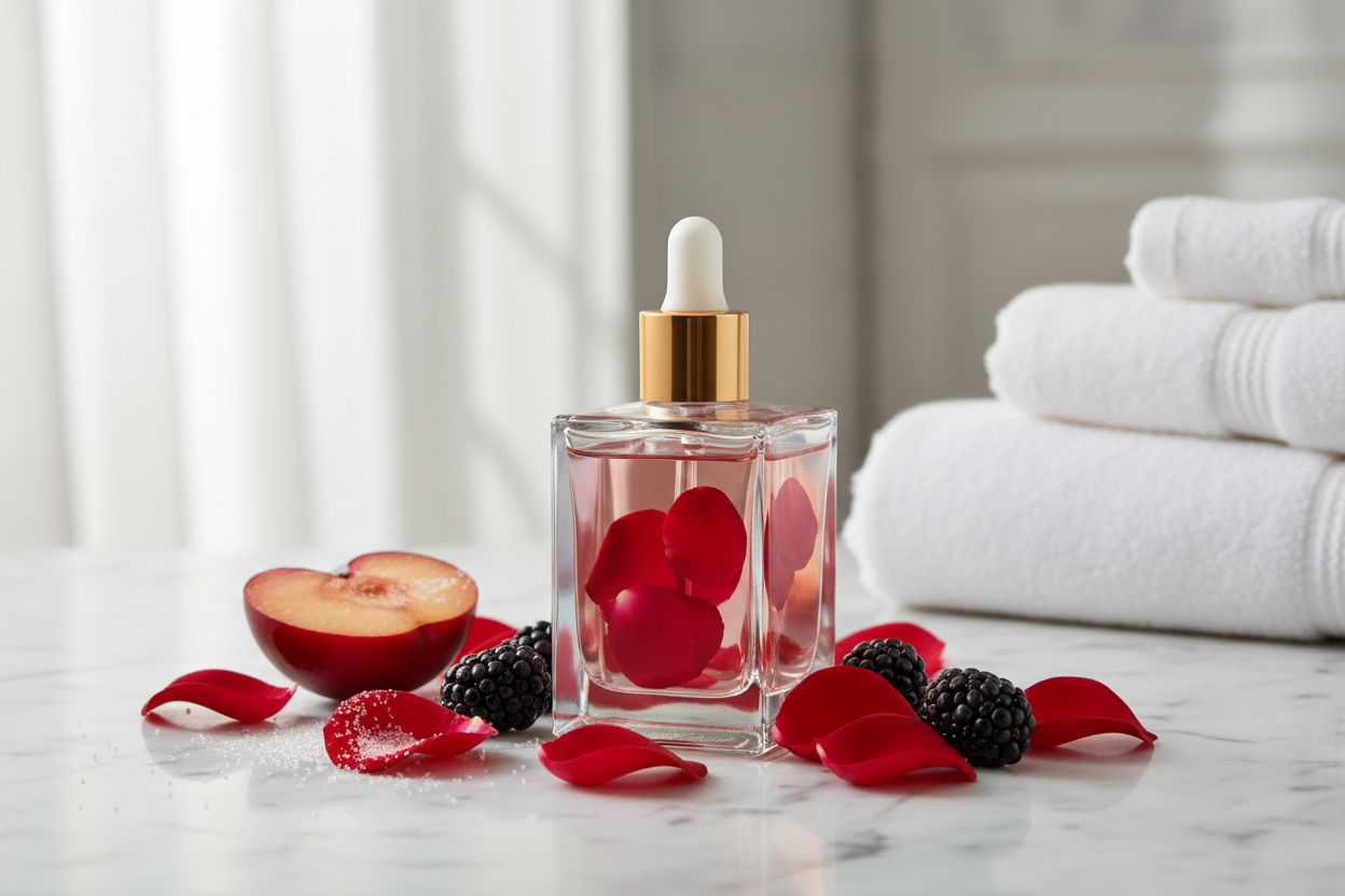 Generate a image of a 3.4 oz square perfume bottle with perfume filled with red rose petals with a gold dropper top with a white rubber top sitting on a white marble  bathroom sink with red rose petals and blackberries and  a Red Plum with spinkles of sugar on the plum next to a stack of white towels 
