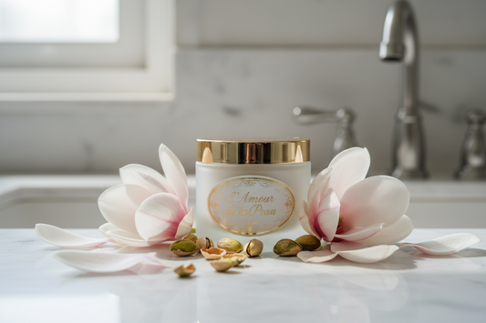 jar of body butter on a bathroom sink with magnolia flowers laying on the white countertop and sprinkles of pistachios